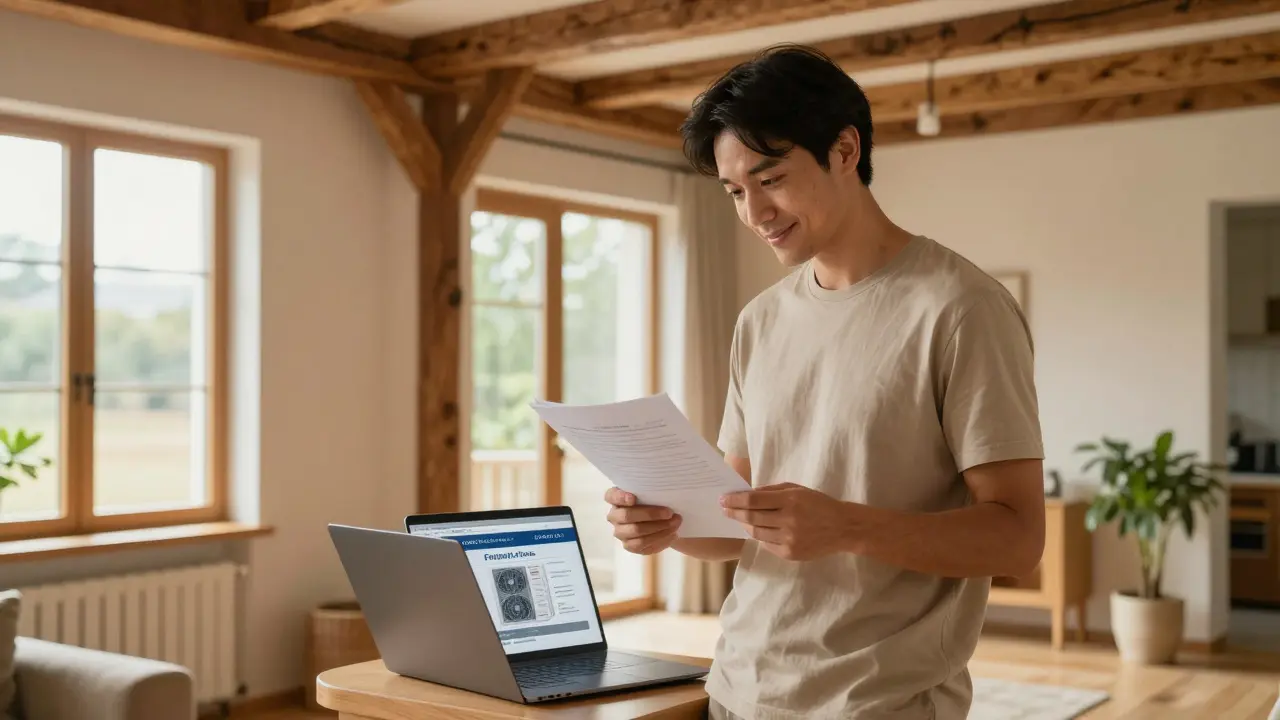 Familie betrachtet Förderdokumente im Wohnraum