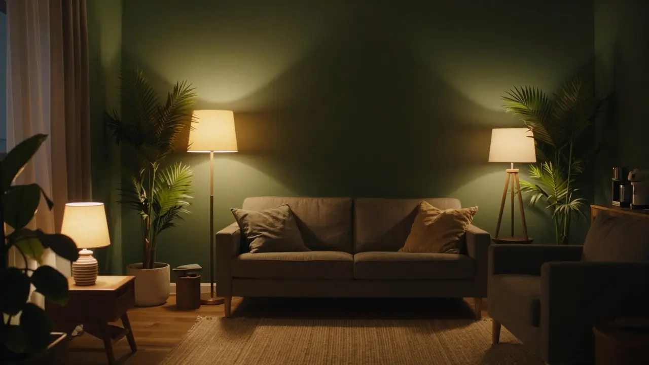 Gemütliches Wohnzimmerabendlicht mit Pflanzen und warmweißen Lampen.