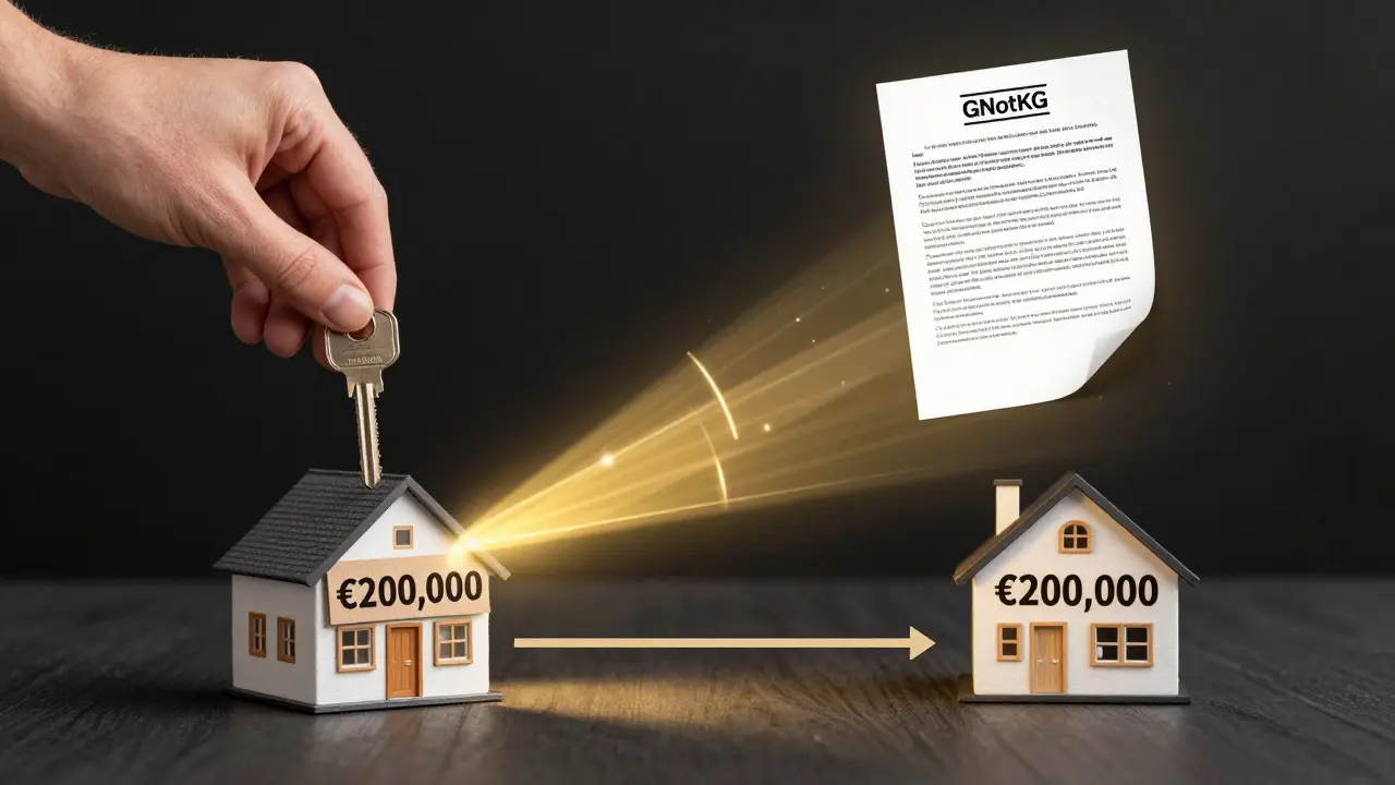 Getrennter Kauf von Grundstück und Gebäude mit zeitlichem Ablauf und Sparbetrag als zentrales Motiv.