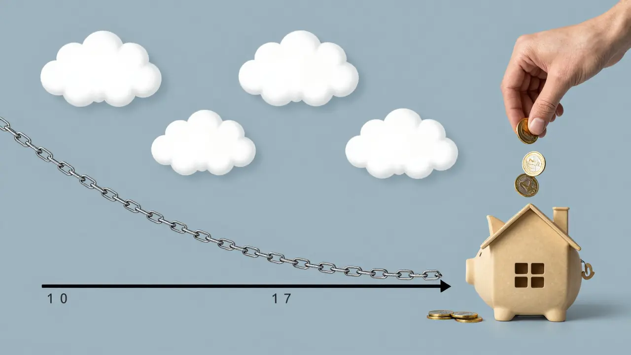 Goldene Münzen senken eine Schuldenkette von 30 auf 17 Jahre, symbolisieren Zinsersparnis.