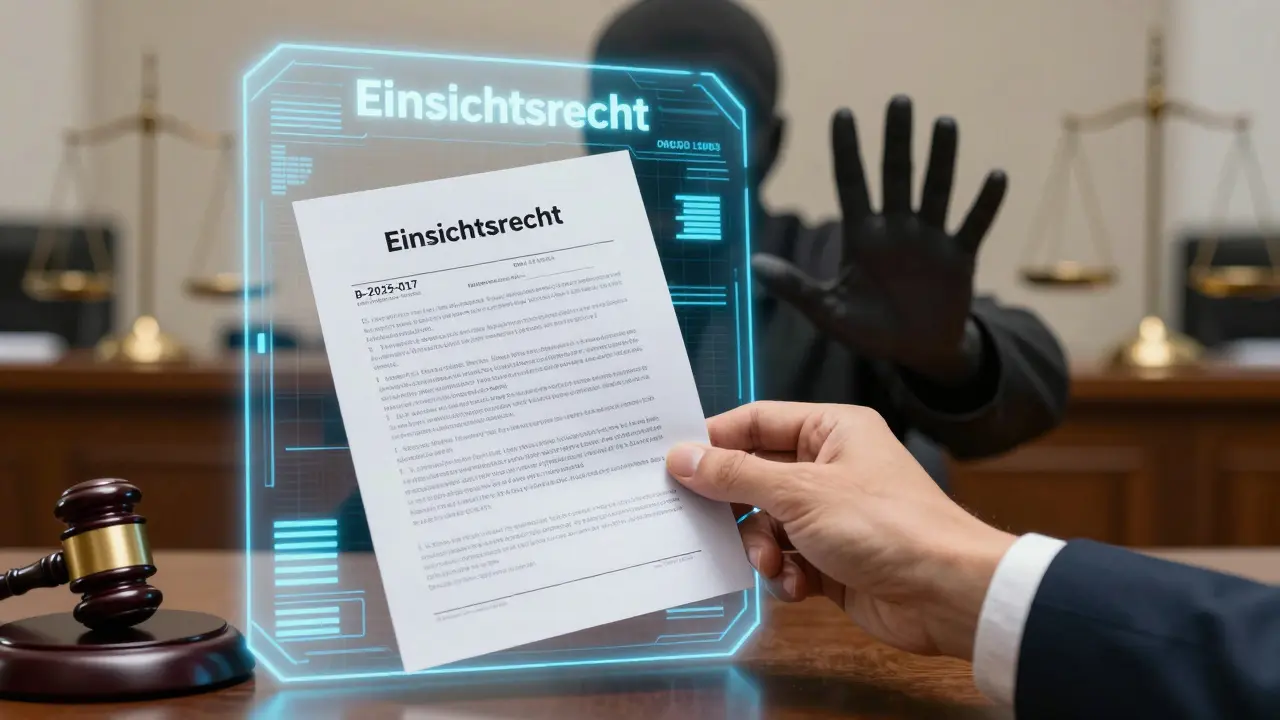 Hand pulling a numbered decision document from a glowing digital portal, while a shadowy figure blocks access.