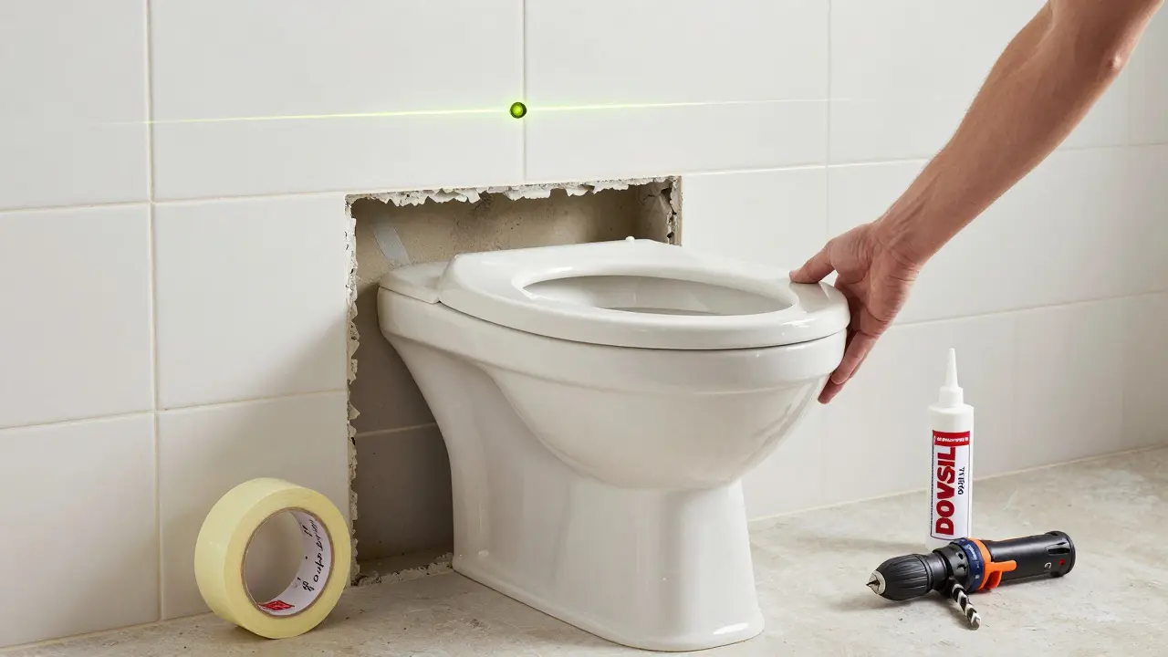 Hand setzt keramisches WC auf den Rahmen, Laser-Wasserwaage zeigt genaue Ausrichtung, Kreppband schützt Fliesen.