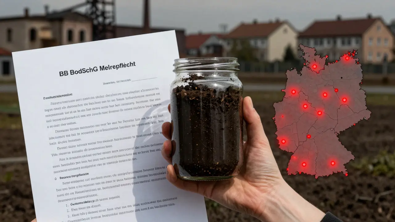 Hände halten eine Bodenprobe neben einem rechtlichen Dokument zur Altlastenmeldepflicht.