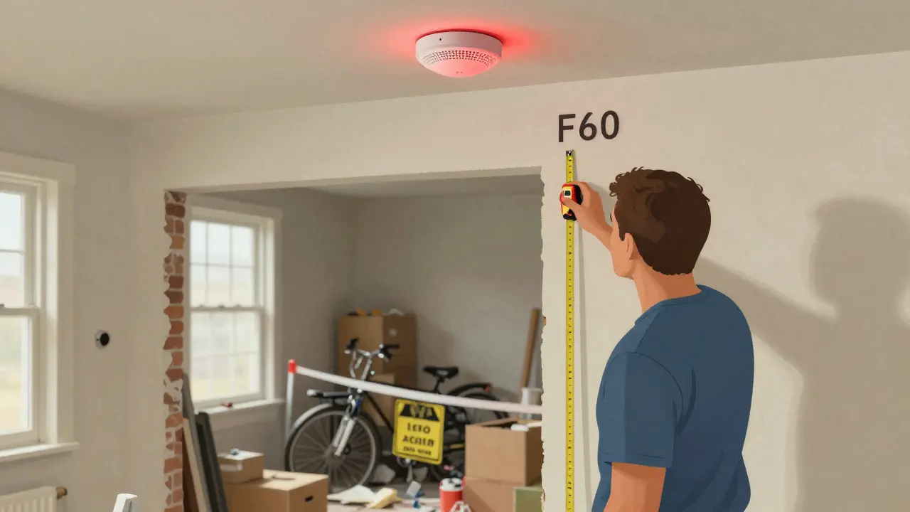 Hausbesitzer prüft feuerbeständige Wand mit F60-Kennzeichnung, während ein abgestellter Raum blockiert ist.