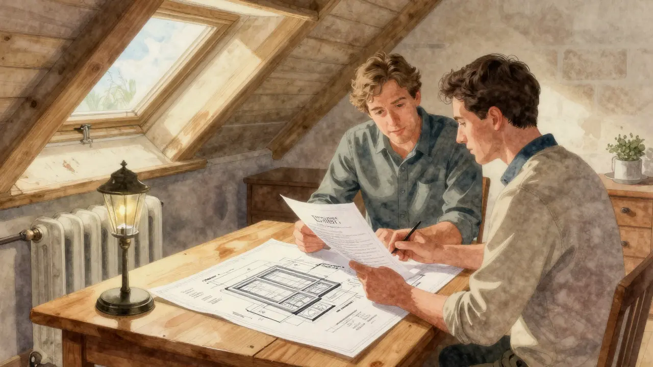 Hausbesitzer und Energieberater besprechen Sanierungspläne in einem Dachgeschoss mit alten Radiatoren und Bauplänen auf einem Holztisch.
