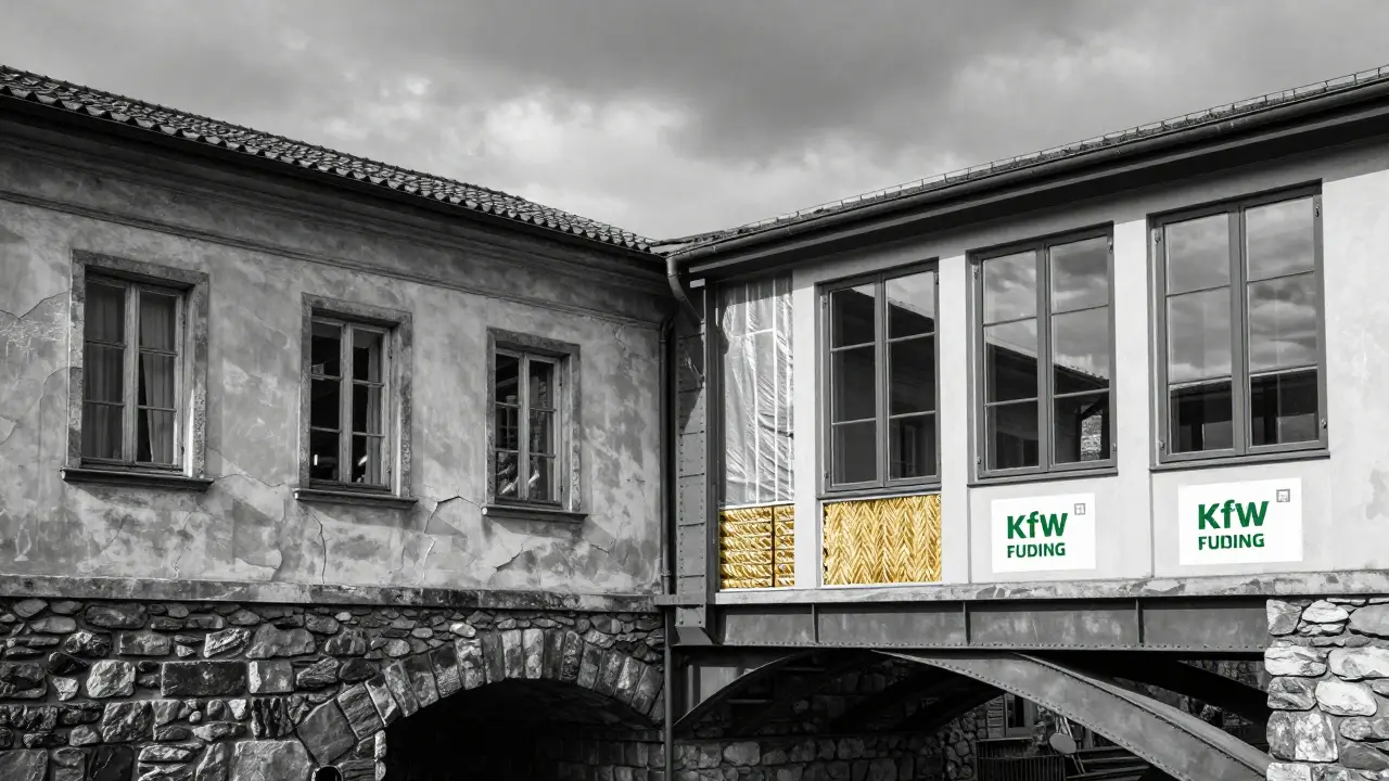 Konzeptbild: Eine Brücke verbindet das alte, verfallene Gebäude mit seiner modernisierten, energieeffizienten Version, Symbol für KfW-Förderung.