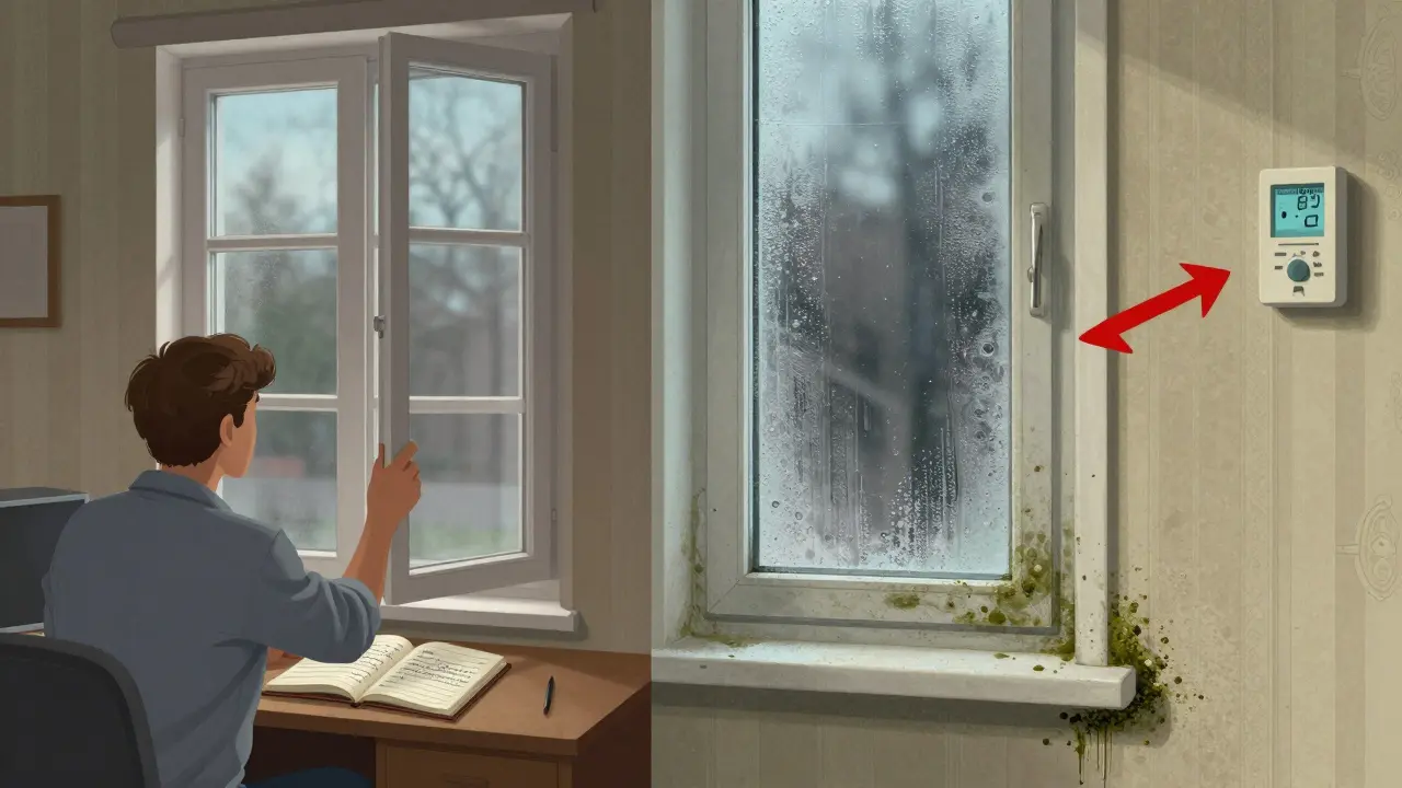 Mieter lüftet regelmäßig, während moderne Fenster undicht sind und Schimmel an der Wand entsteht.