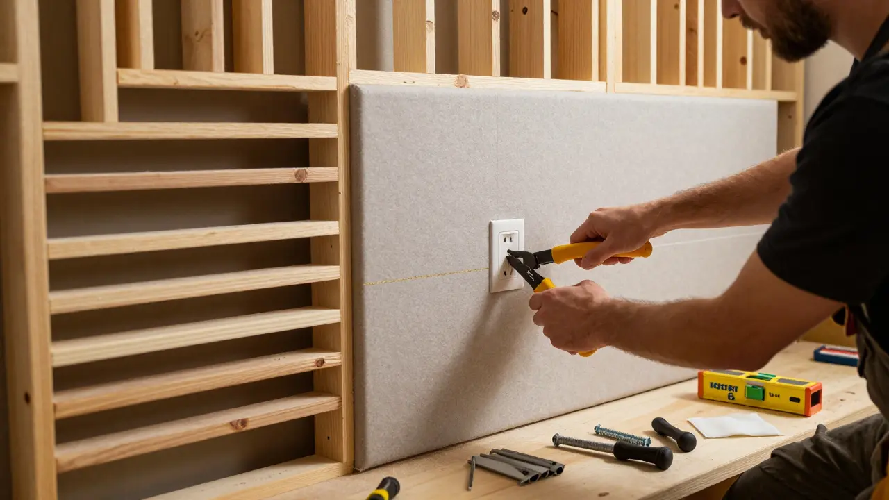 Montage von Akustikpaneele auf Holzlatten mit Luftspalt, Fachmann schneidet Filz präzise um Steckdose herum.
