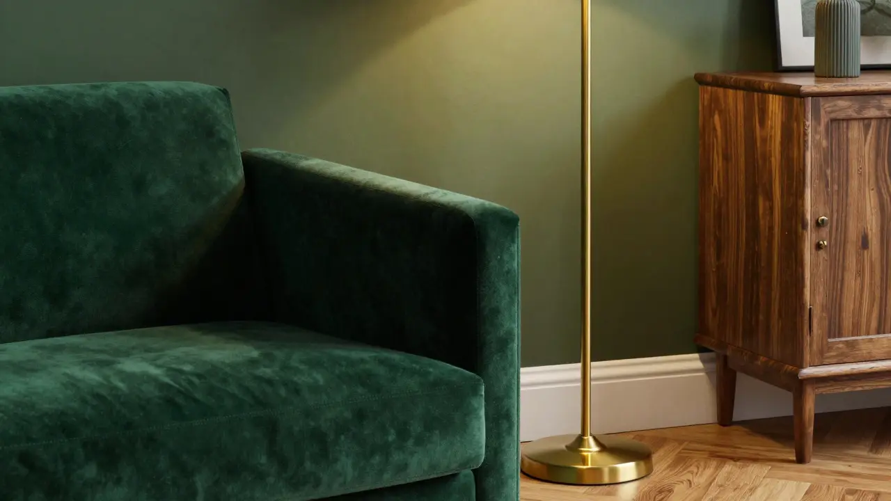 Nahaufnahme von Samtstühlen und Messinglampen vor olivgrüner Wand.