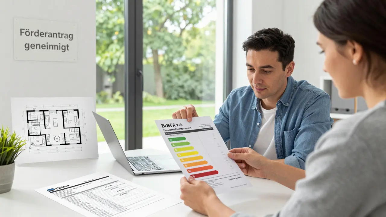 Paar studiert einen gedruckten Energiebericht mit BAFA-Bestätigung in einem Wohnzimmer.