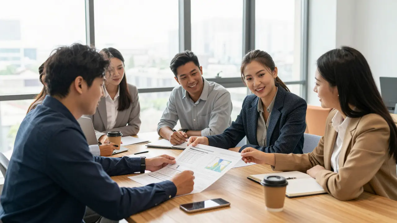 Projektleitung bespricht Status im hellen Konferenzraum