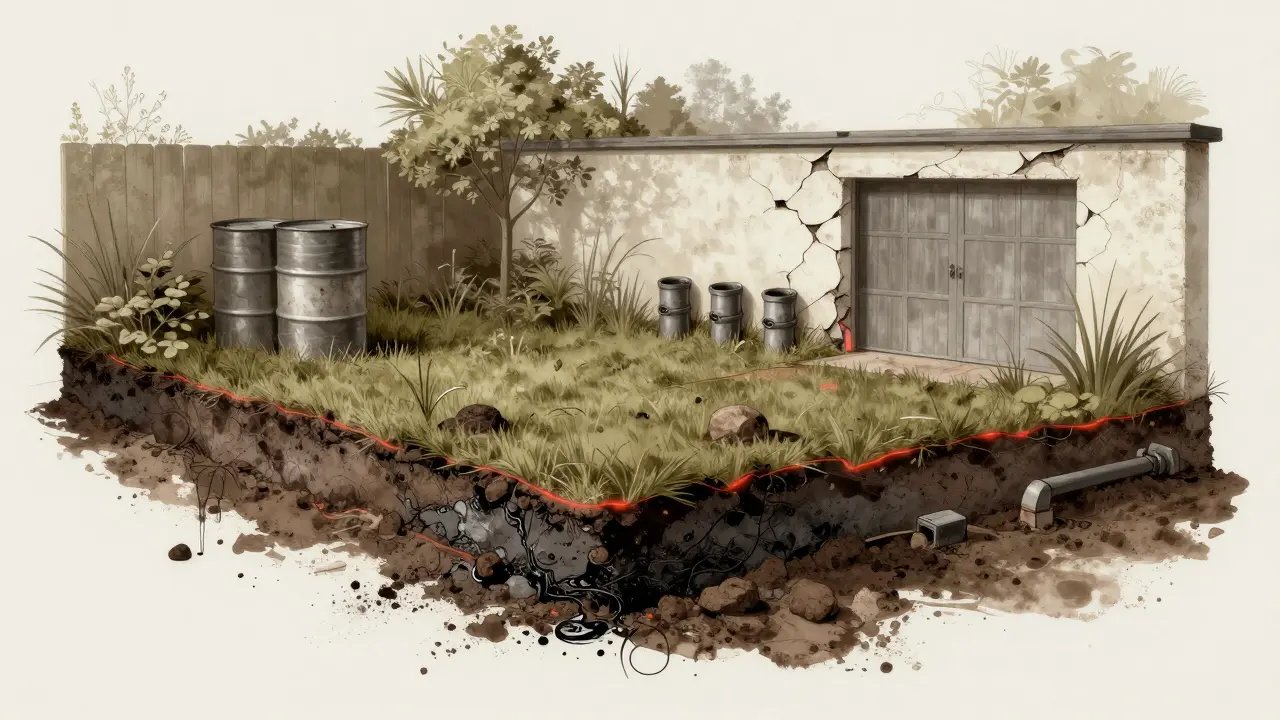 Querschnitt eines Gartens mit verborgenen Schadstoffen wie Öl, PCB und Schwermetallen im Boden.