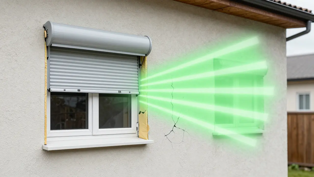 Querschnitt eines Hauses mit neuem Fenster-Rollladen-System, das Wärmeverluste verhindert, im Vergleich zu einem alten, undichten System.