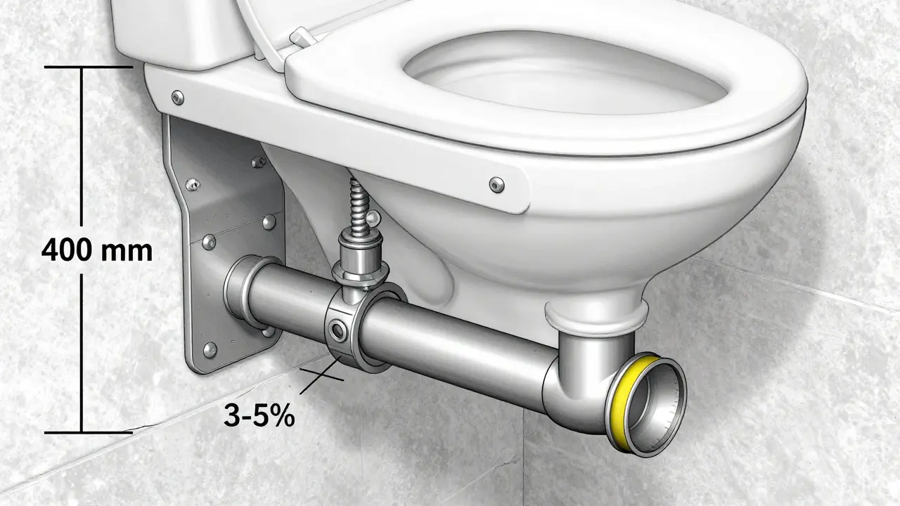 Schnittansicht einer Vorwandinstallation mit Metallrahmen, Abflussrohr mit Gefälle und Dichtung am Auslass.
