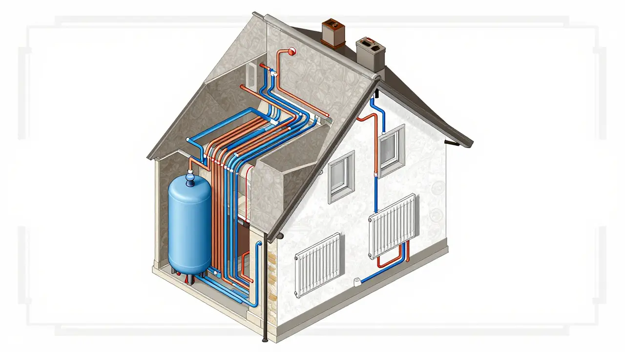 Schnittzeichnung von Heizungsanlage im Kellerraum