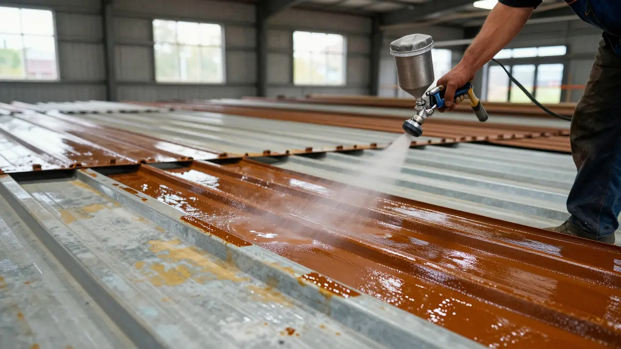 Spritzen von Schutzbeschichtung auf altes Dachblech im Renovierungsprozess.