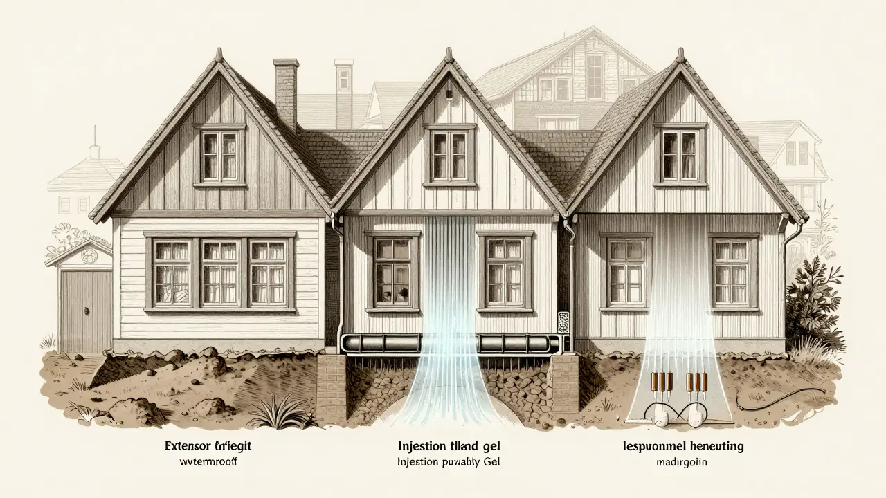 Technische Darstellung dreier Kellerabdichtungsmethoden: Außenabdichtung, Injektion und Elektroverfahren.