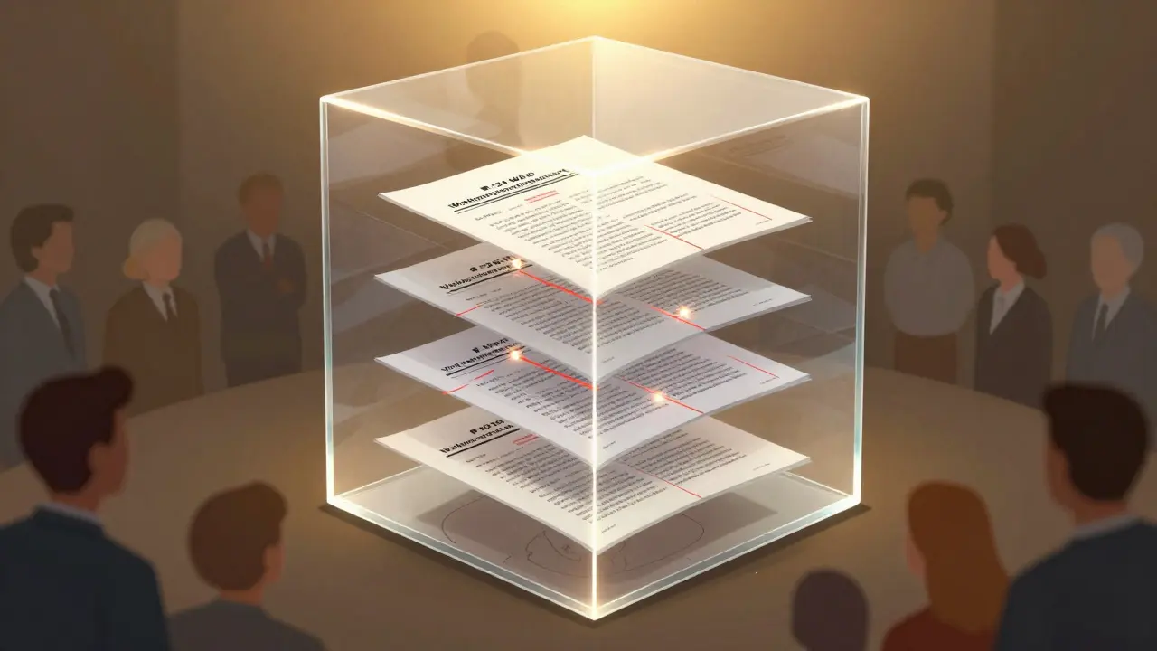 Transparent glass cube with layered legal documents and homeowner silhouettes, symbolizing transparency in property decisions.