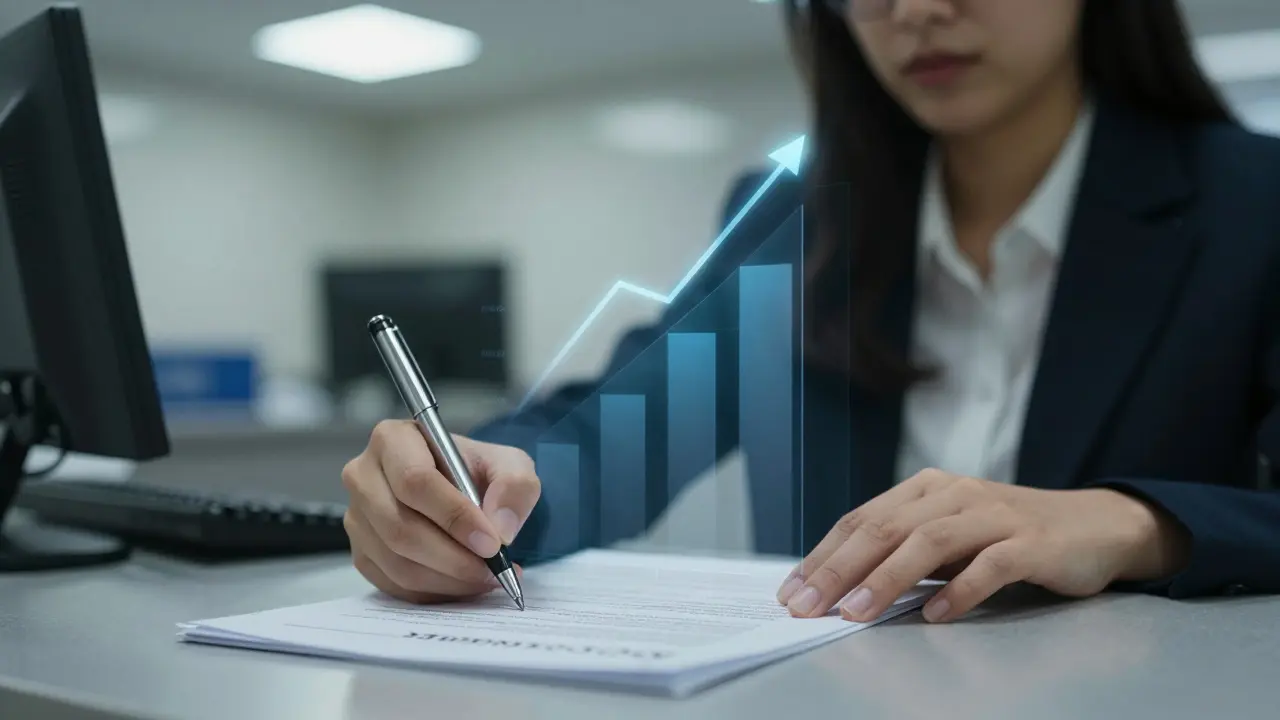 Unterzeichnung eines Immobilienkredits mit unsichtbarem Zinserwartungsbild im Hintergrund.