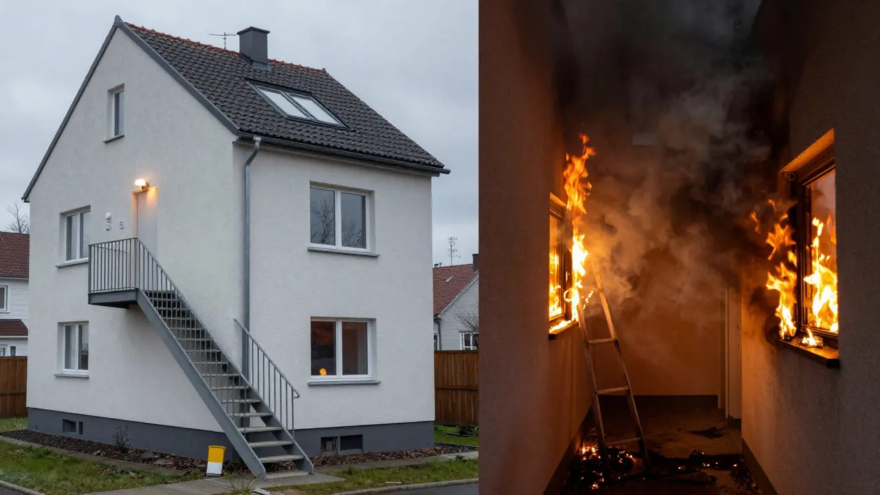 Vergleich: Ein Haus mit sicheren Brandschutzmaßnahmen links, rechts derselbe Haus im Brand mit blockierten Fluchtwegen.