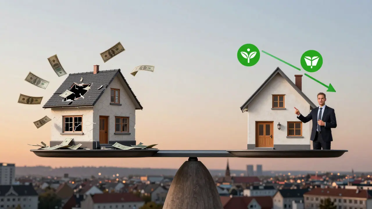 Waage mit altem Haus und hohen Kosten auf einer Seite, modernisiertes Haus mit Einsparungen auf der anderen.