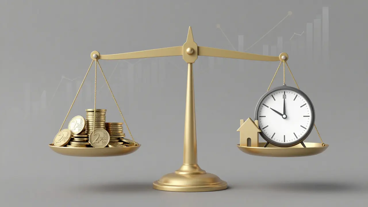 Waage mit Bankverlust und Zinsbindungsdauer als Gegengewicht – symbolisch für die Berechnung der Vorfälligkeitsentschädigung.