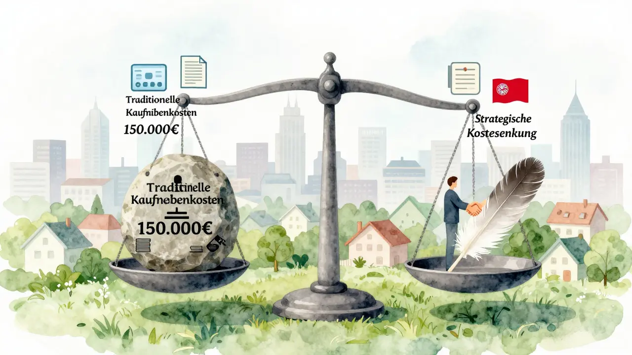 Waage mit hohen traditionellen Kosten gegenüber niedrigen strategischen Alternativen bei Immobilienkauf.
