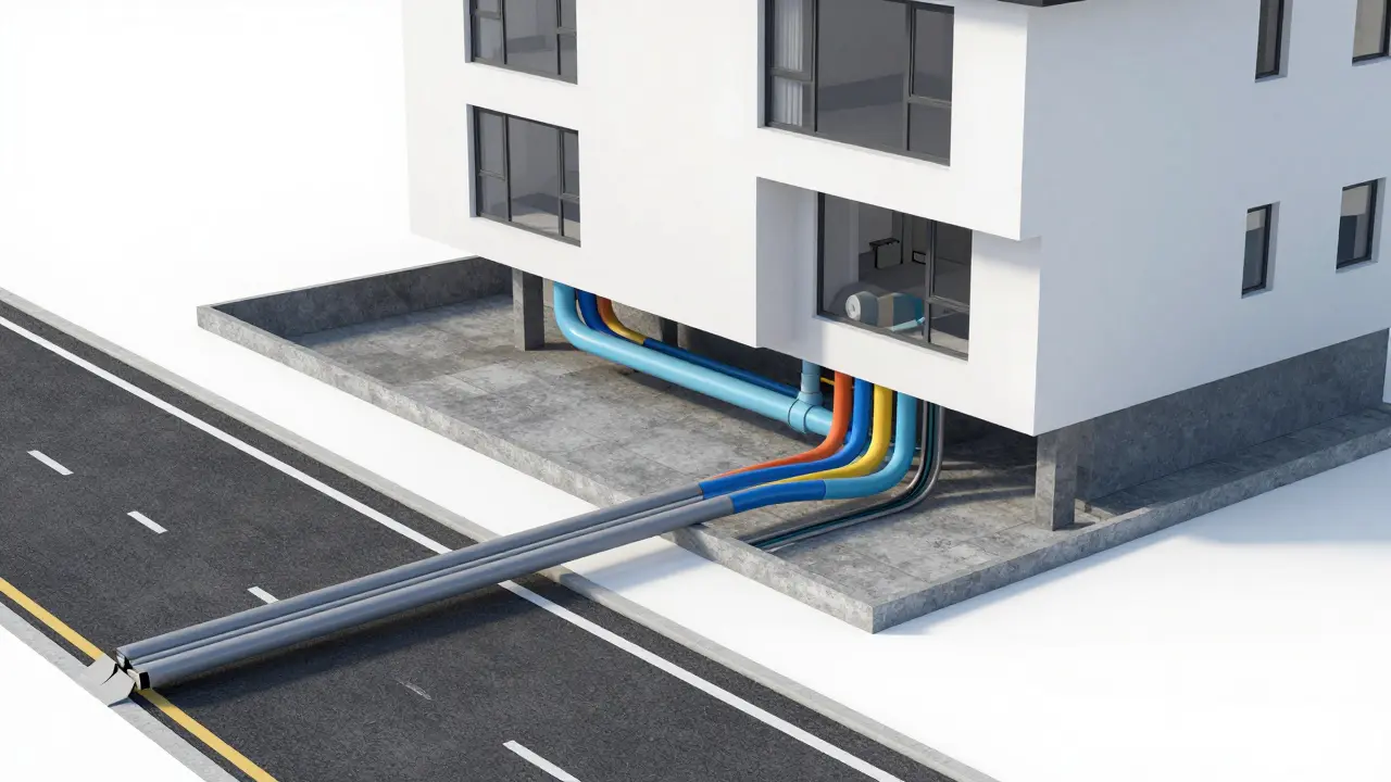 3D-Querschnitt der technischen Erschließungsleitungen unter einem Haus.