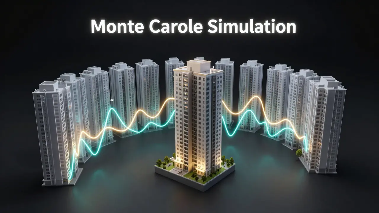 Abstrakte Darstellung einer Monte-Carlo-Simulation mit Gebäude-Variationen und Datenkurven.