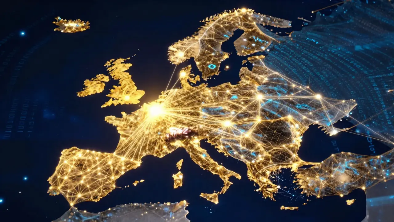 Abstrakte Darstellung eines vernetzten digitalen Vermögensregisters über Europa.