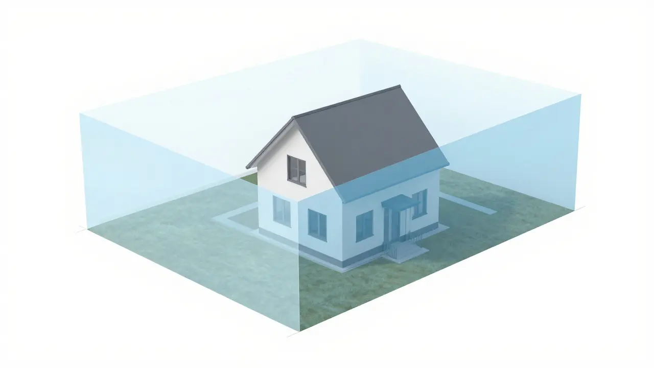 Architektonische Darstellung eines Hauses mit markierten Abstandsflächen zum Grundstücksrand.