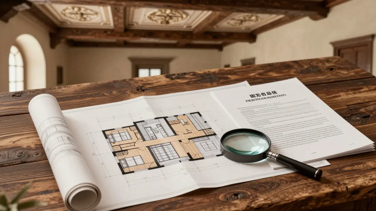 Architekturpläne und Gutachten für die Sanierung eines historischen Gebäudes.