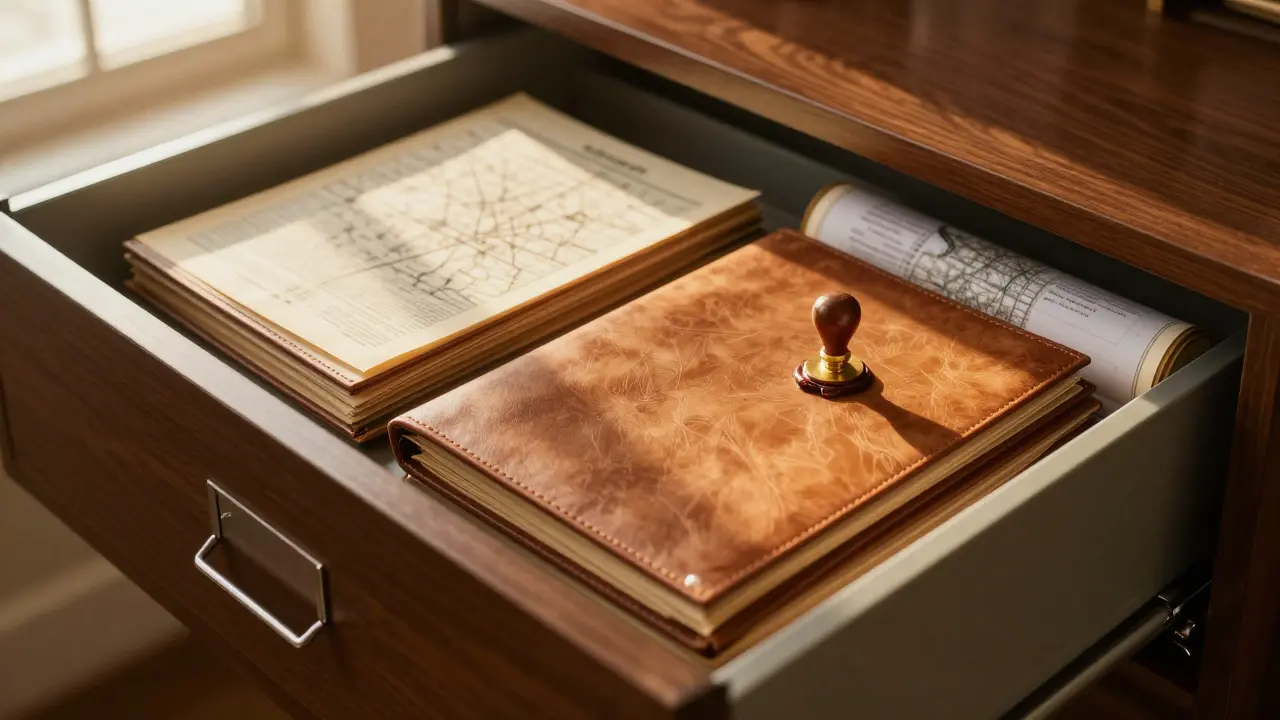 Archivierte Verträge und Notarurkunden auf Holzschrankschublade