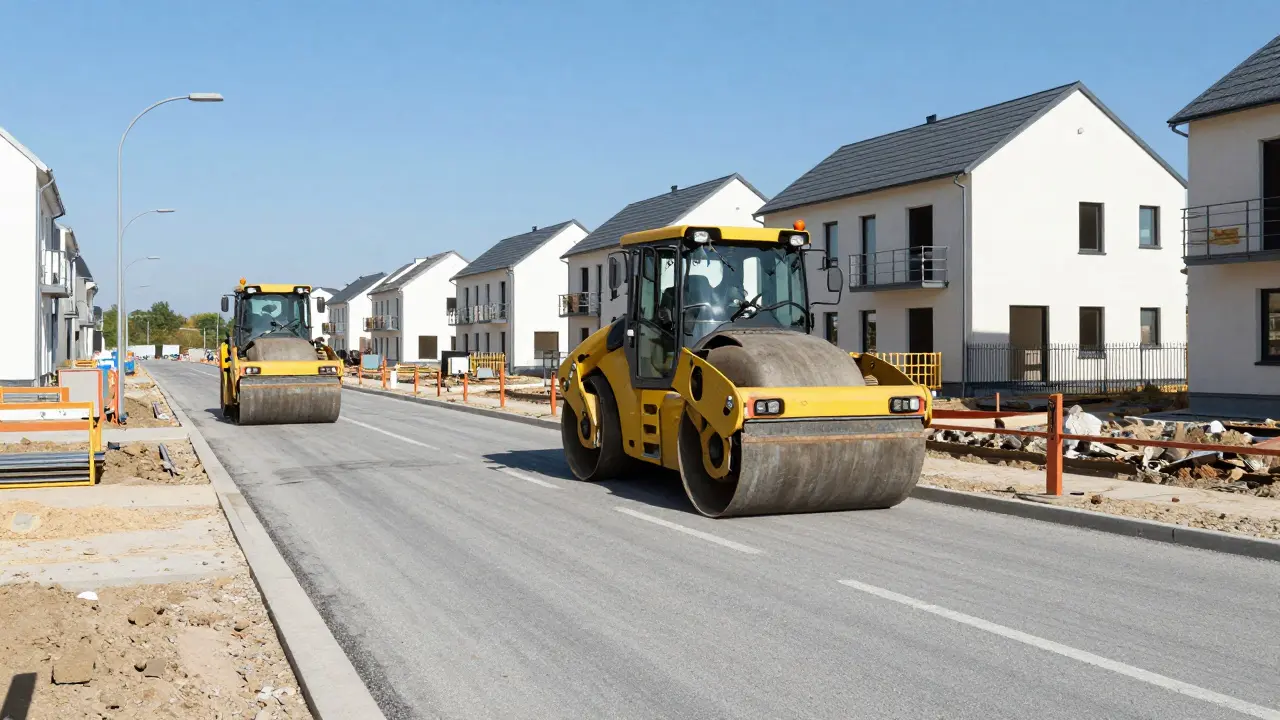 Baustelle einer neuen Wohnstraße in einem deutschen Neubaugebiet.