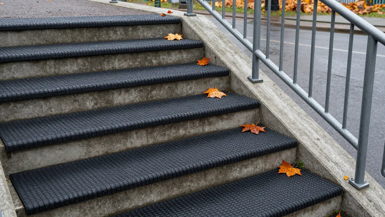 Betontreppe im Außenbereich mit rutschfesten Gummimatten und Handlauf
