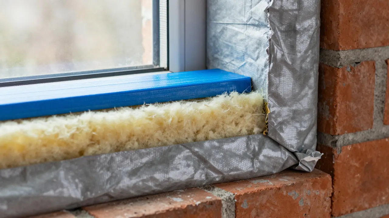 Detailansicht des Drei-Schichten-Prinzips bei der Fensterabdichtung mit Dämmmaterial.