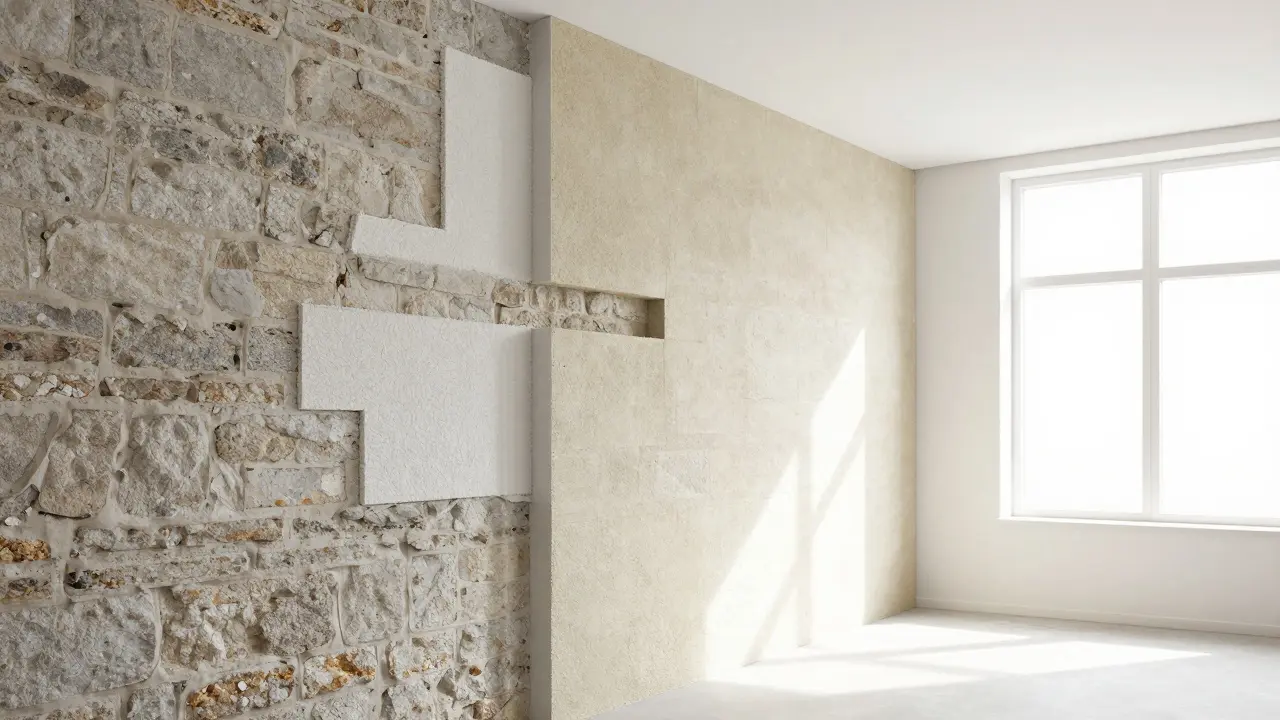 Detailansicht einer fachgerechten Innendämmung in einer historischen Wand.