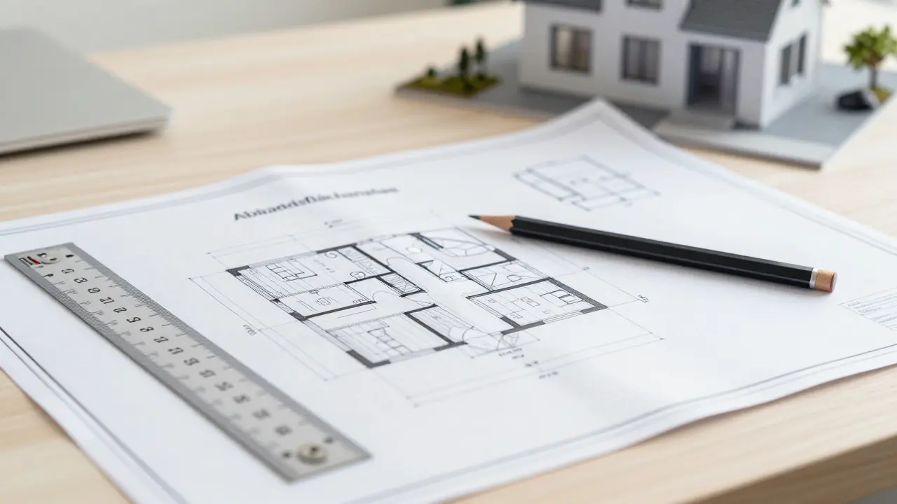 Detailansicht eines präzisen Abstandsflächenplans auf dem Schreibtisch eines Architekten.