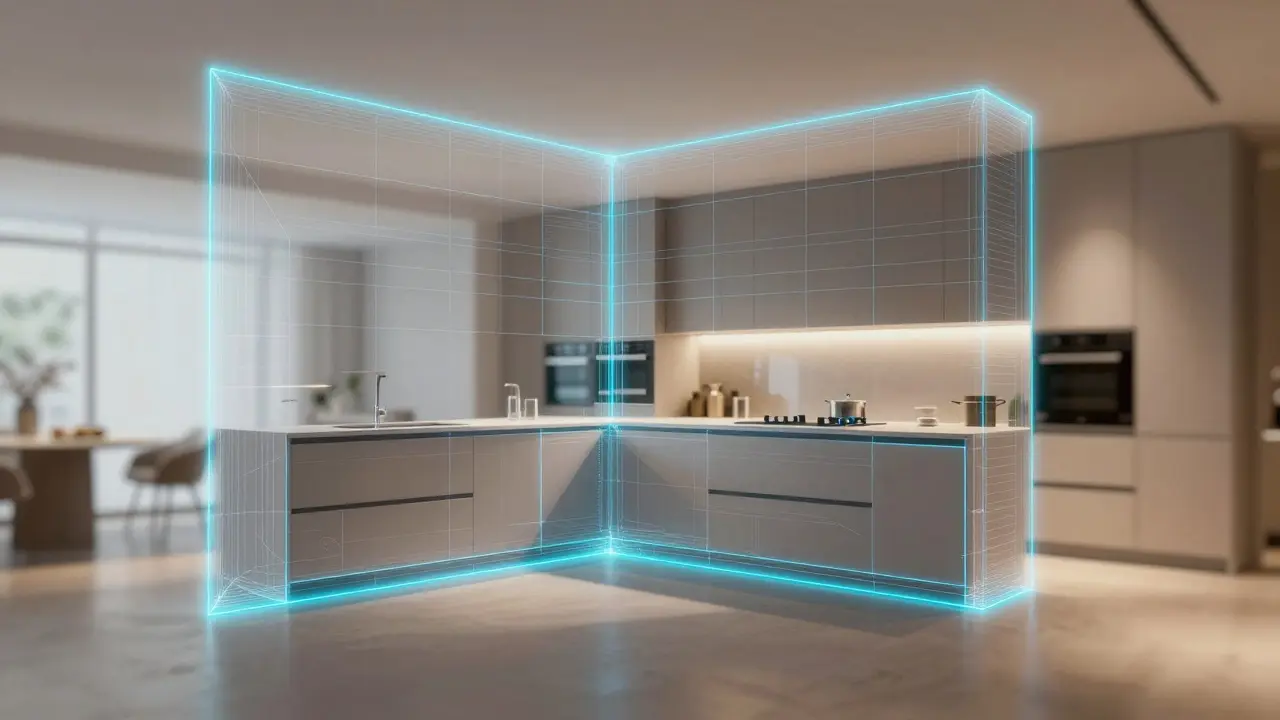 Digitale 3D-Raumscan-Visualisierung einer Küche zur präzisen Messung von Wänden.