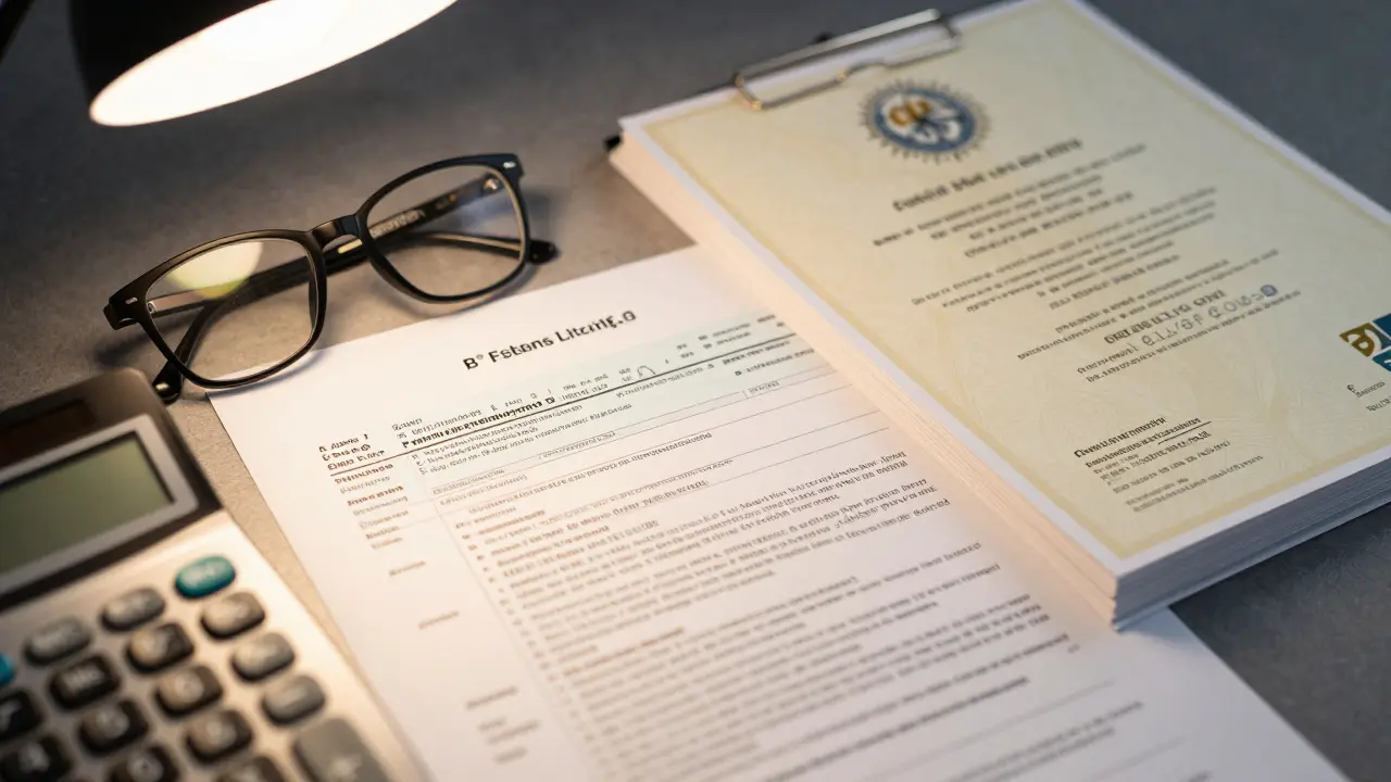 Ein aufgeräumter Schreibtisch mit Steuerunterlagen, Brille und Rechner für die Steuerplanung.
