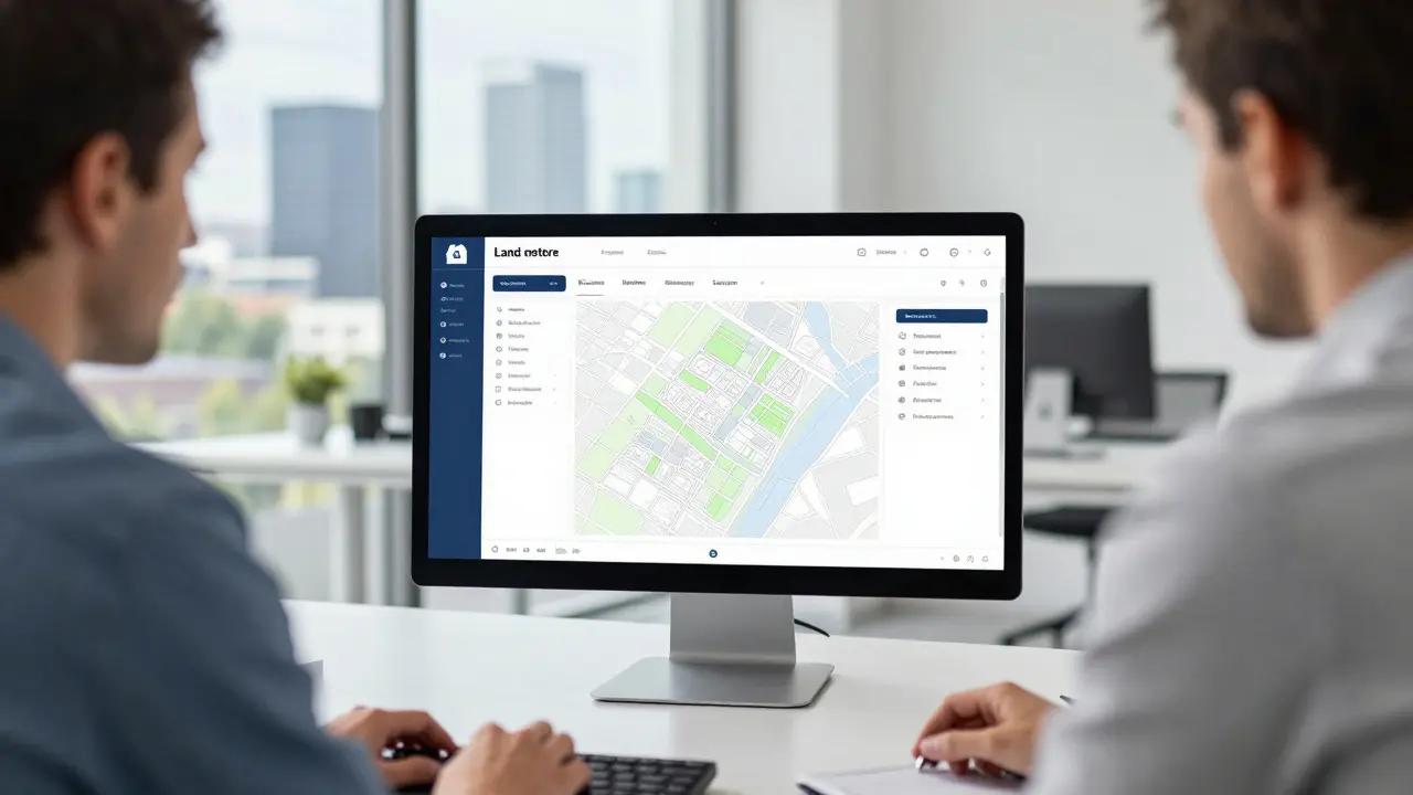 Ein Notar und ein Kunde prüfen ein digitales Grundbuch auf einem modernen Monitor in einem Büro.