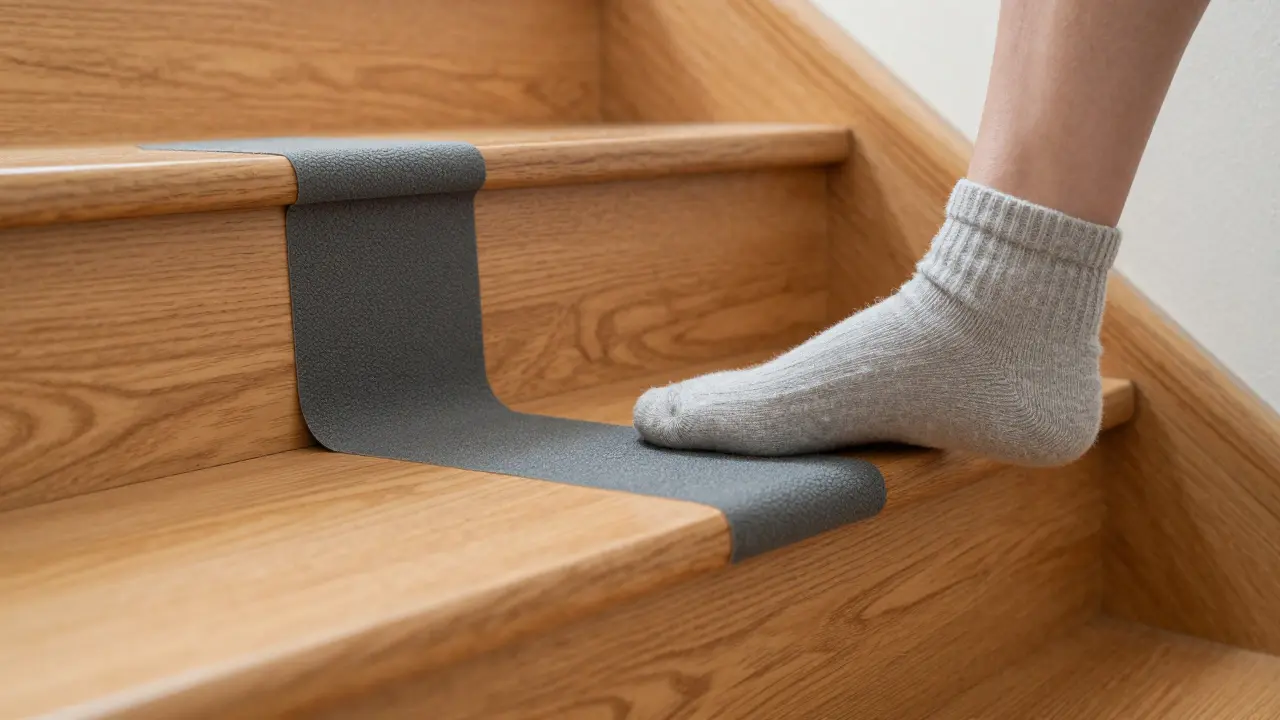 Fuß in Socke auf einer Treppenstufe mit kontrastierendem Antirutschstreifen
