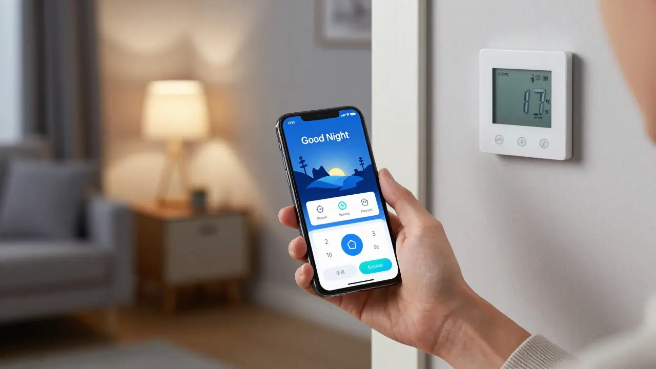 Hand mit Smartphone, das eine Gute-Nacht-Szene steuert, während die Lichter im Wohnzimmer ausgehen.
