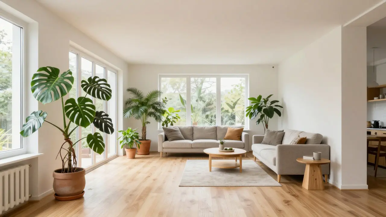 Heller, offener Wohnraum mit modernem Design und vielen grünen Zimmerpflanzen.