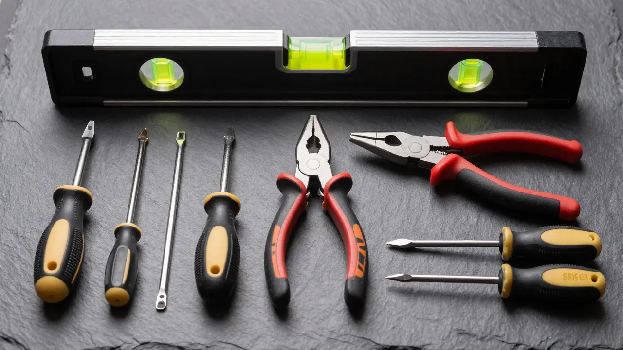 Hochwertige Handwerkzeuge wie Wasserwaage und Zangen auf grauem Grund.