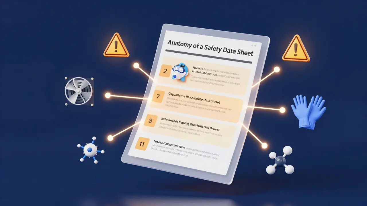 Illustration der wichtigsten Abschnitte eines Sicherheitsdatenblatts mit Symbolen.