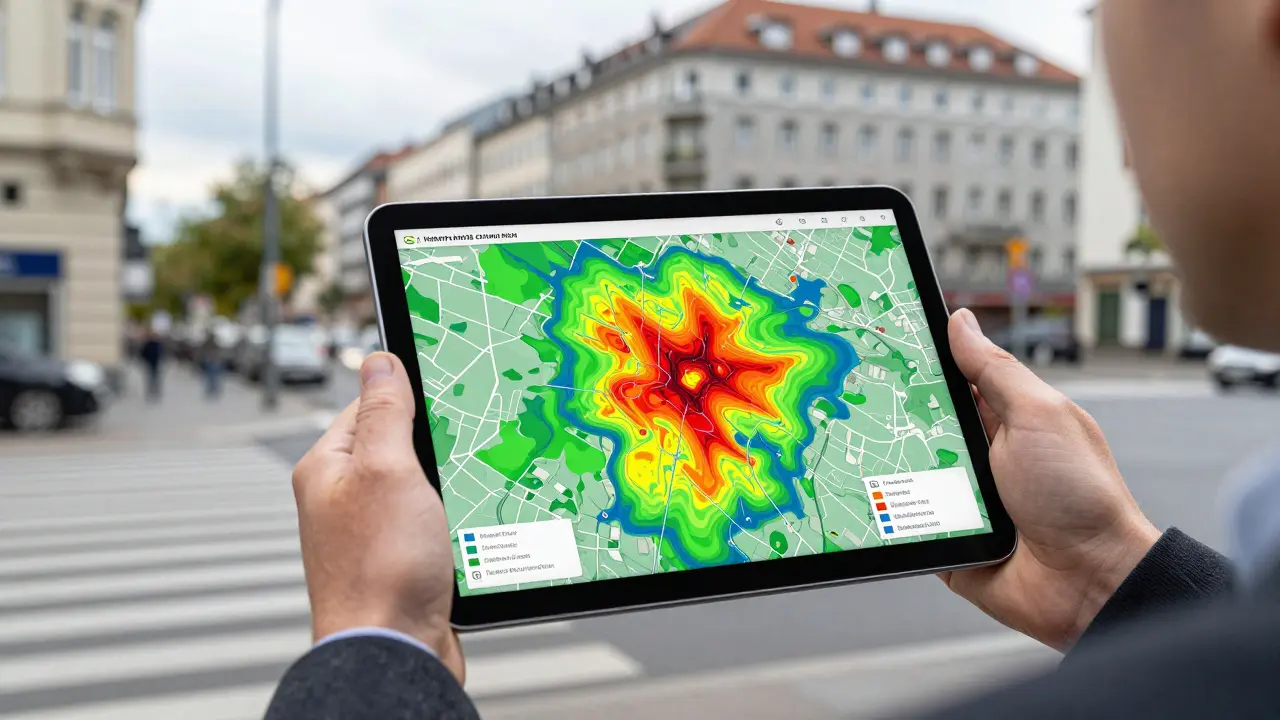 Investor prüft Klimarisiken und Geodaten eines Stadtviertels auf einem digitalen Tablet.