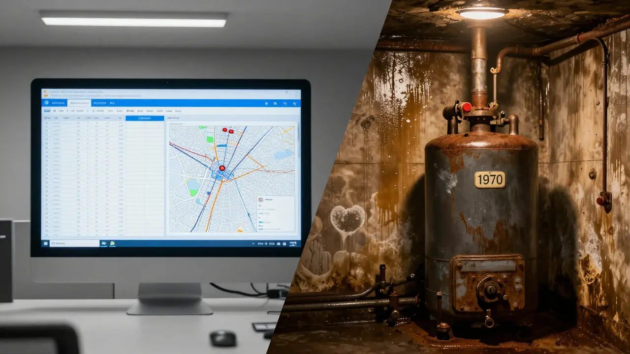 Kontrast zwischen einer digitalen Steuerberechnung und einem feuchten Keller mit alter Heizung.