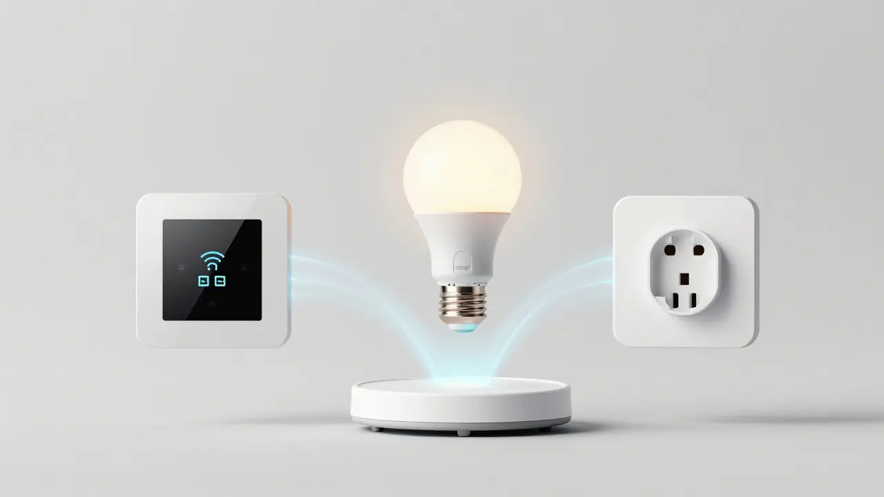 Konzeptdarstellung von smarten Thermostaten, Leuchtmitteln und einem Hub zur modularen Nachrüstung.