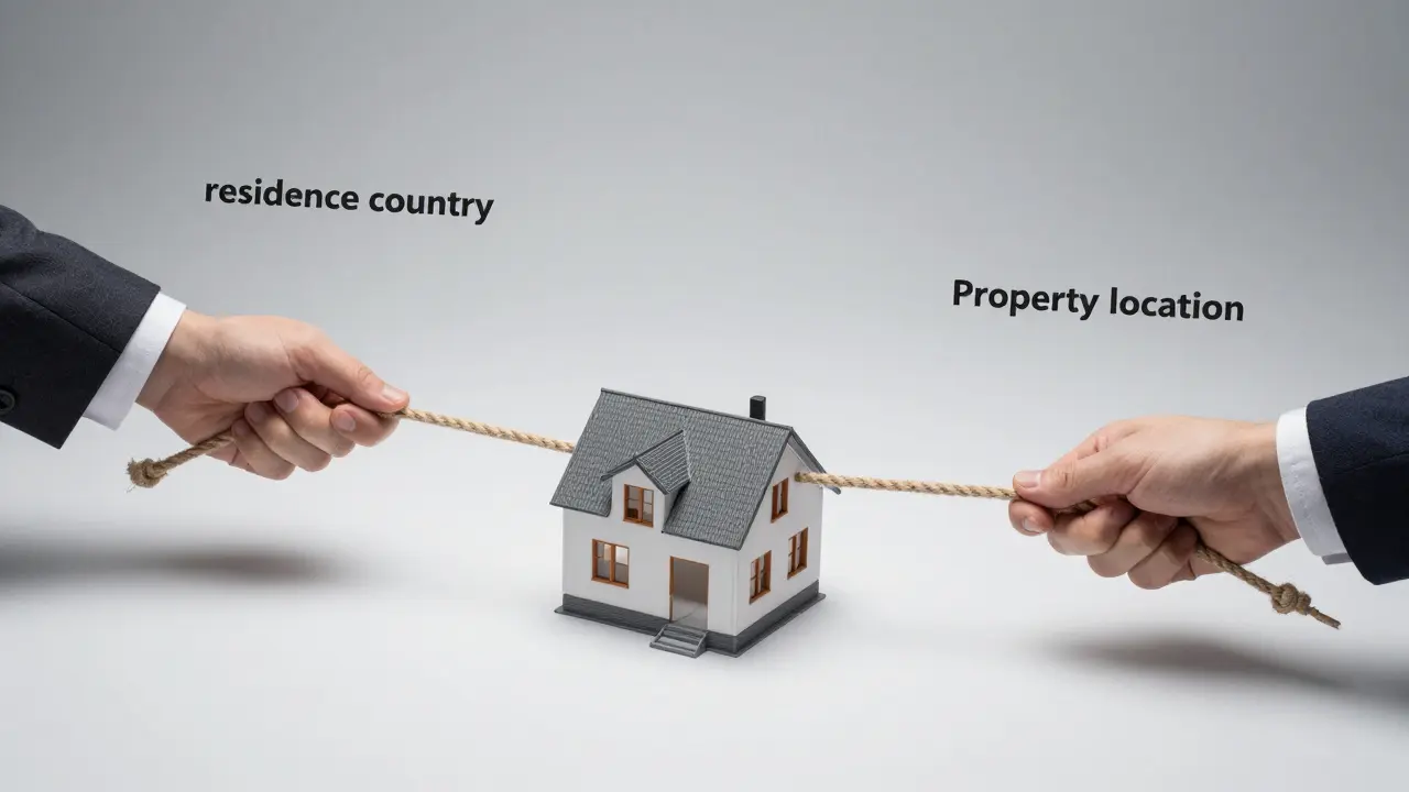 Konzeptionelle Darstellung eines Tauziehens um ein Hausmodell zwischen zwei Steuersystemen.